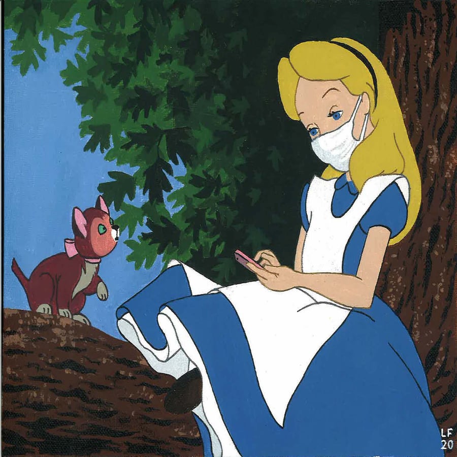 2020 cover. Painted Alice in a face mask sitting in a tree beside a cat.