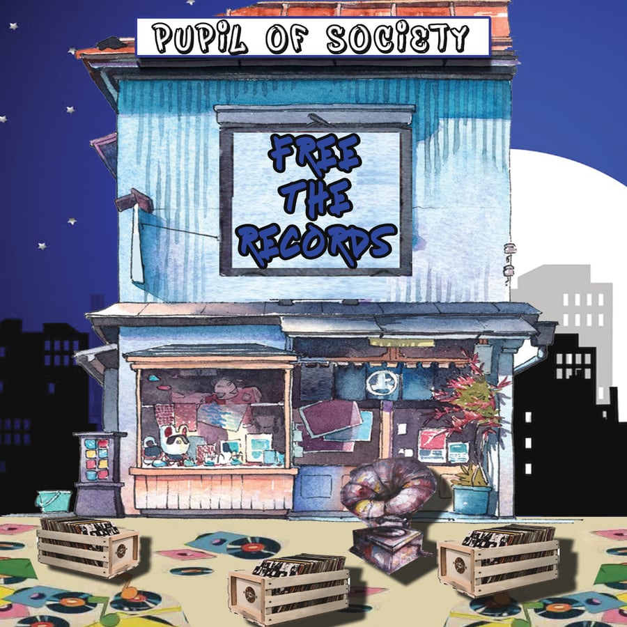 Free The Records cover. Illustrated record shop at night with crates of vinyl out front.