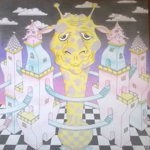 Harth cover. Colored-pencil drawing of a smiling yellow creature among pastel towers.